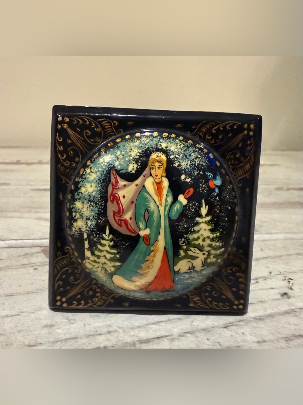 Vintage Russian Lacquer Box Hand Painted Snow Maiden Snegurochka Trinket Box
